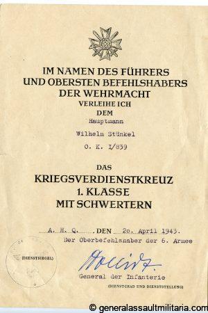 Award documents Hauptmann Stünkel(2 x KVK1!)