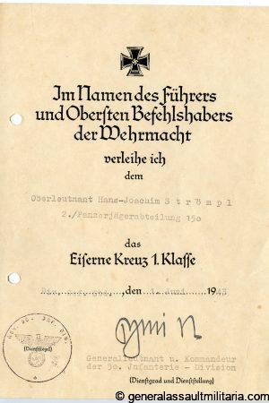 award grouping to Hauptmann Strömpel, chef 3./Pzj. Abt. 150