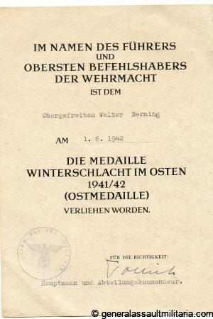 Ost medal award document Schw.Art.Abt.(mot.).635