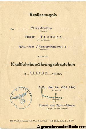 3 award documents to Othmar Fischer Rgt.-Stab/panzer-Regiment 3