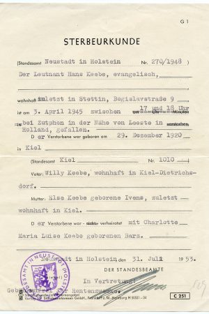 Small set to Leutnant Hans Keebe KIA 1945 Zupthen(Netherlands)