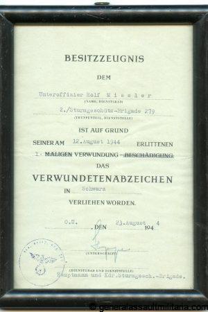 Two framed award documents Sturmgeschütz brigade 279