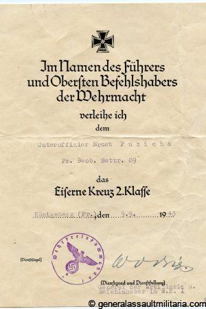 Ek2 award document + letter Stalingrad fighter