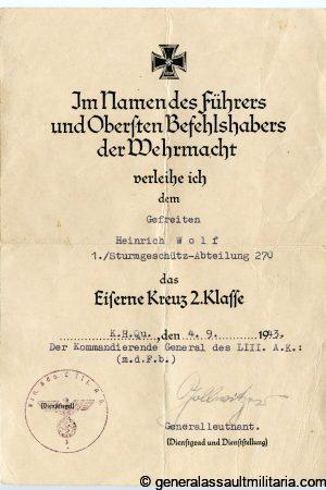 Iron cross second class certificate - 1./Sturmgeschütz-Abteilung 270