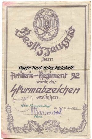 Small award document set Artillerie regiment 92