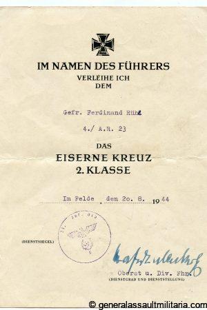 Iron cross second class award document - 23th Infantry division