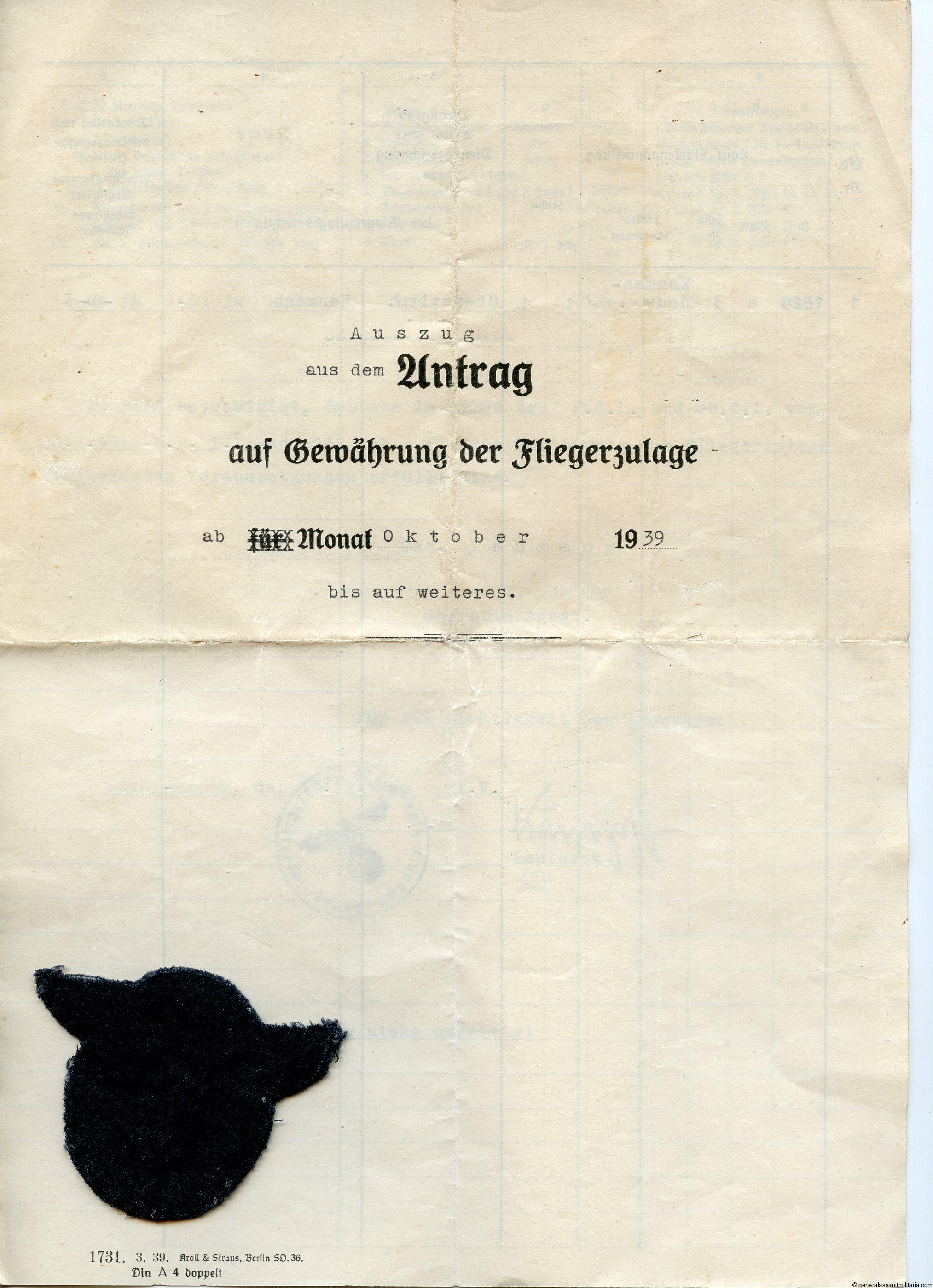 Luftwaffe pilot badge in cloth with payment papers to Oberstleutnant Lehmann