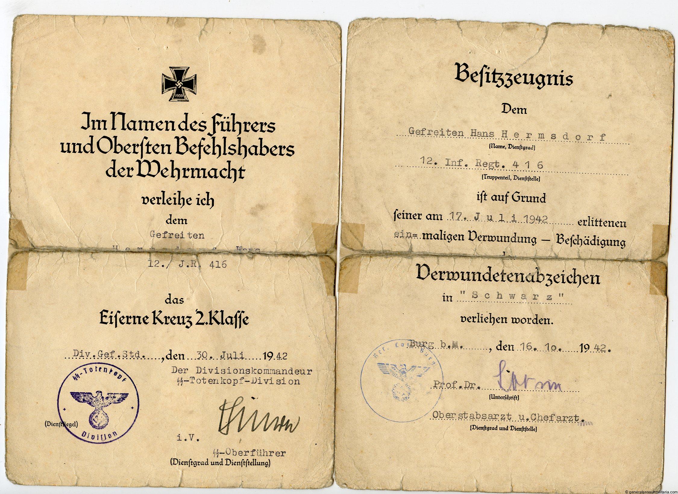 Max Simon Two award documents I.R. 416 with SS-TK Max Simon signature ...