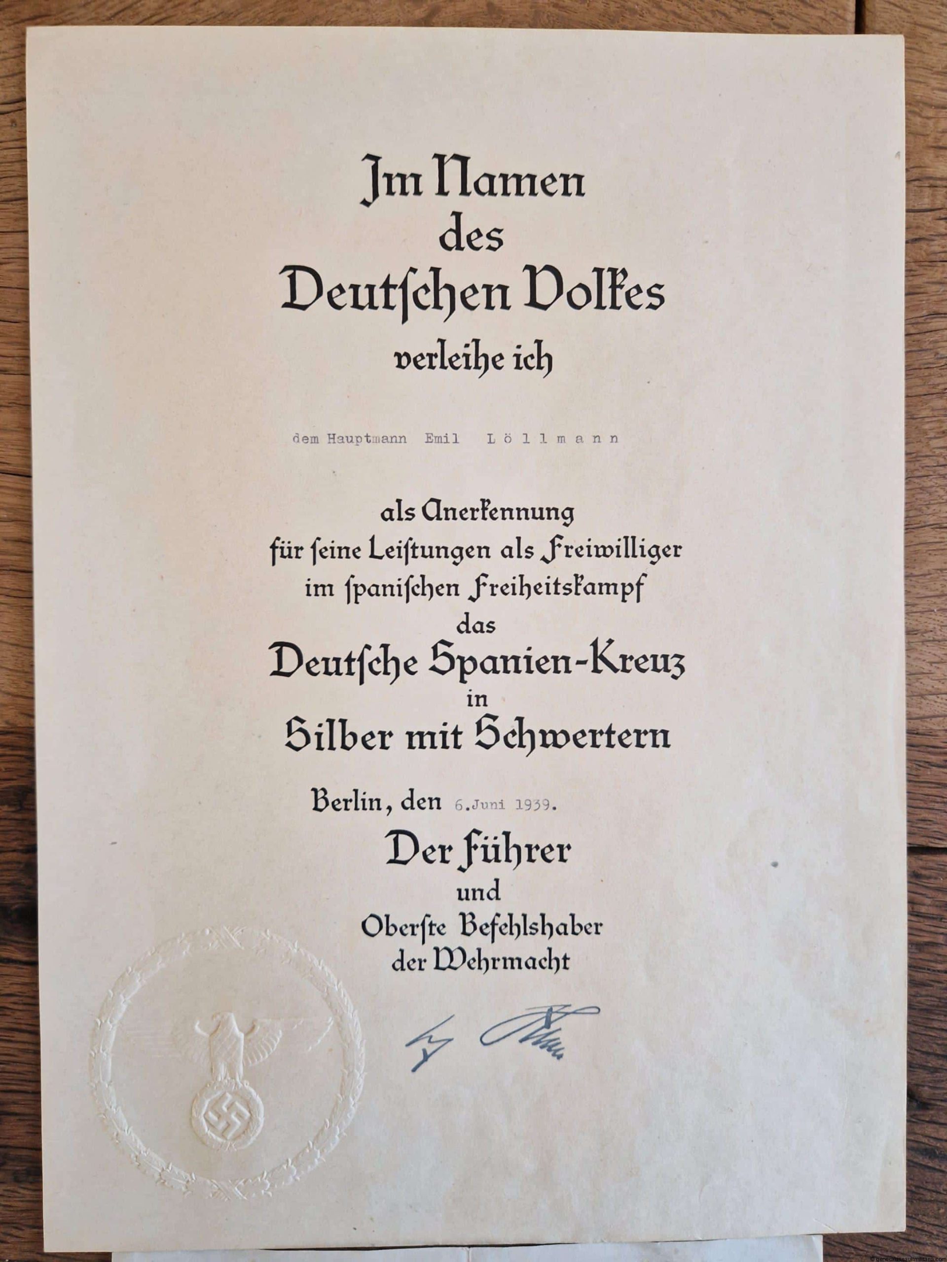 Award certificate Spanish cross in silver Emil Löllmann