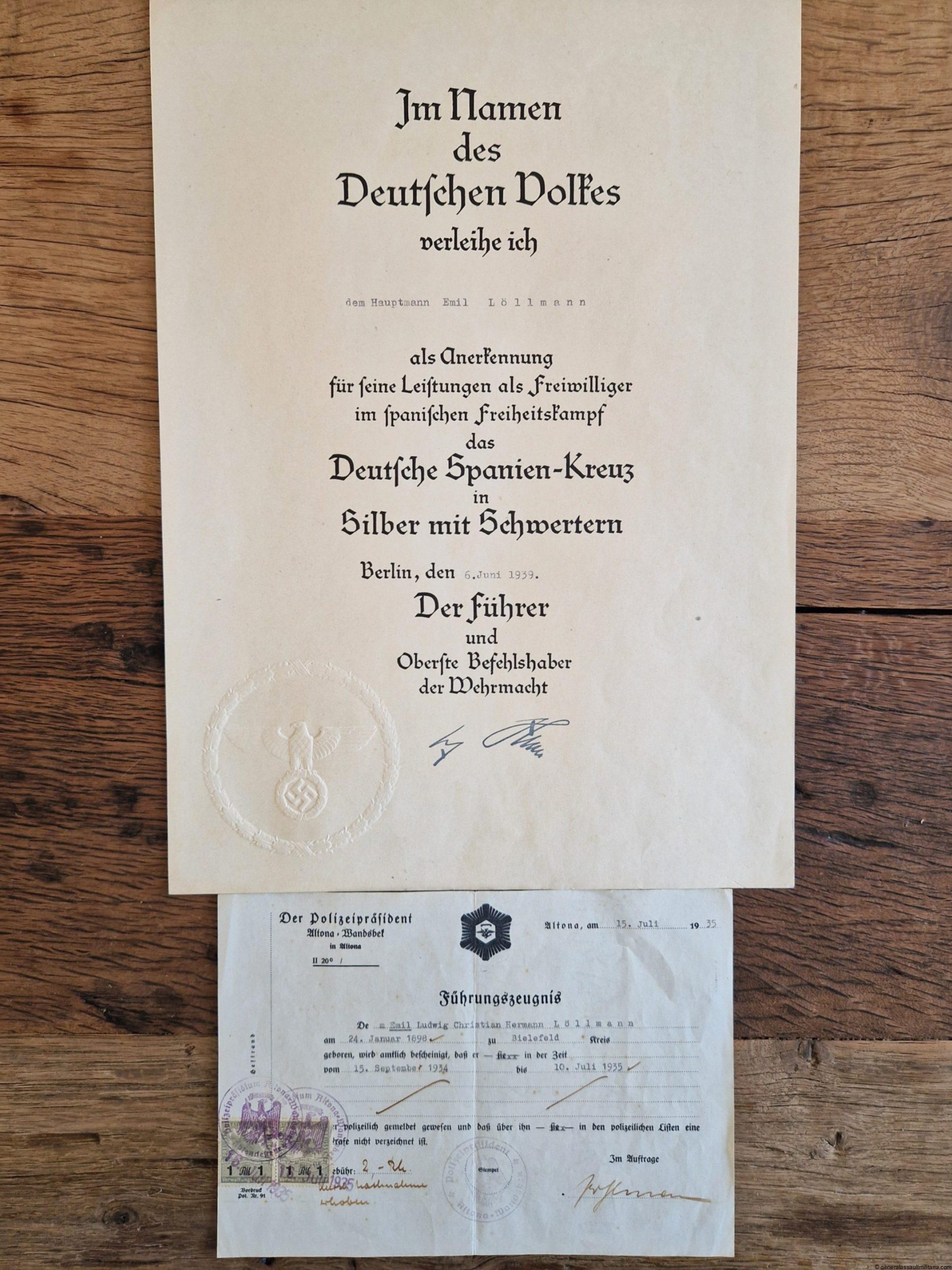 Award certificate Spanish cross in silver Emil Löllmann