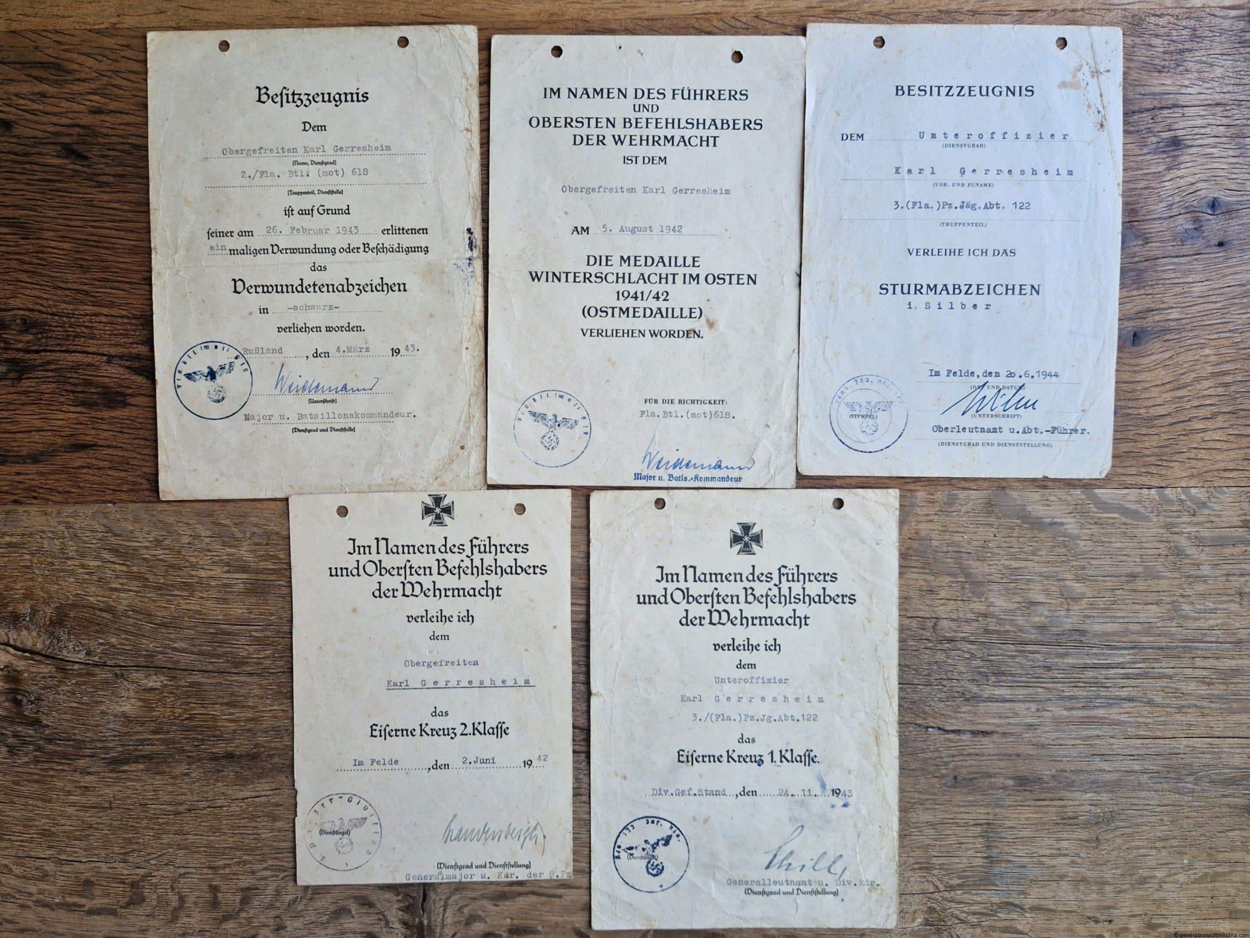 Award certificate group too Karl Gerresheim Panzerjäger abt 122