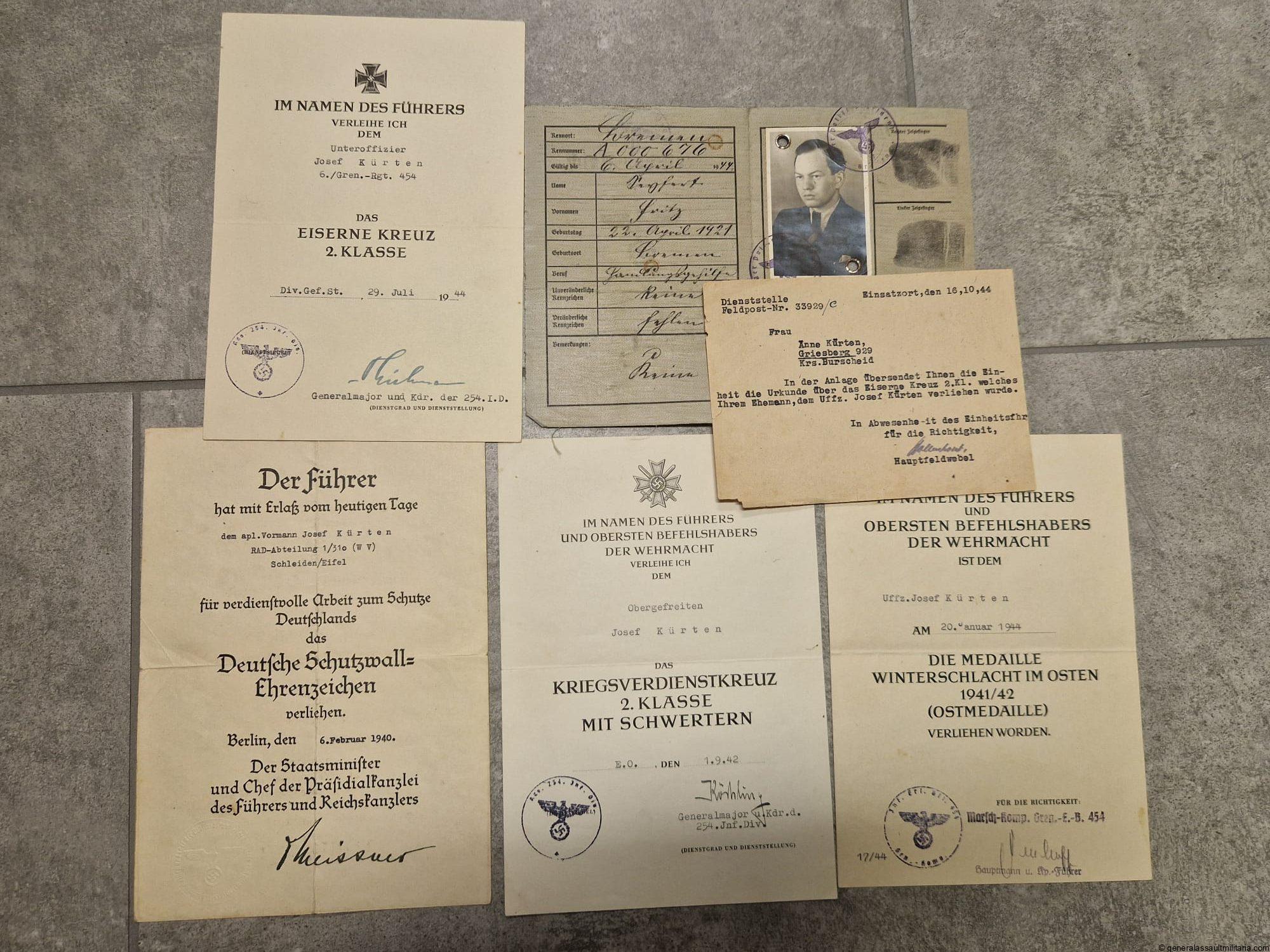 Small certificate grouping Josef Kürten Gr.Rgt.454
