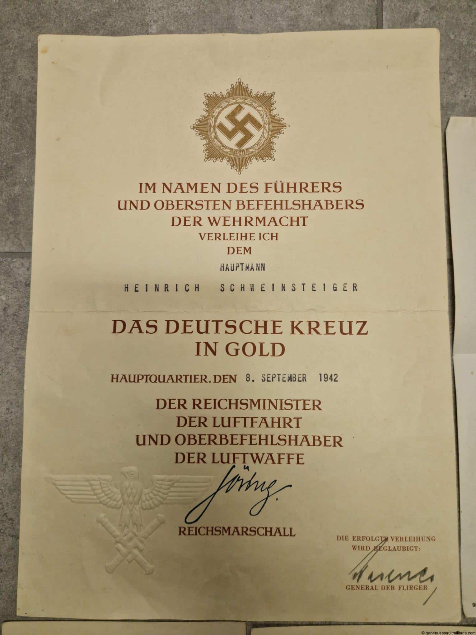 Flak German cross in gold certificate grouping - Heinrich Schweinsteiger