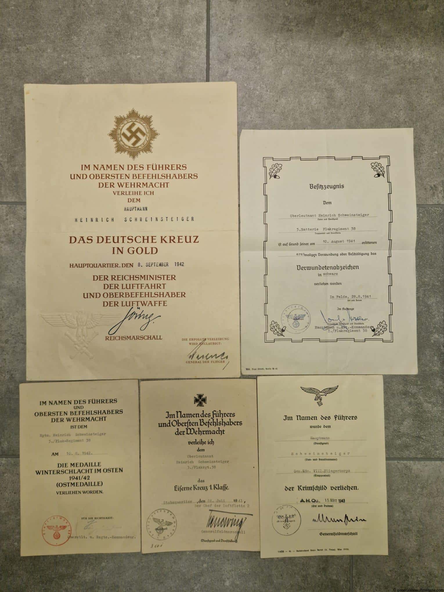 Flak German cross in gold certificate grouping - Heinrich Schweinsteiger