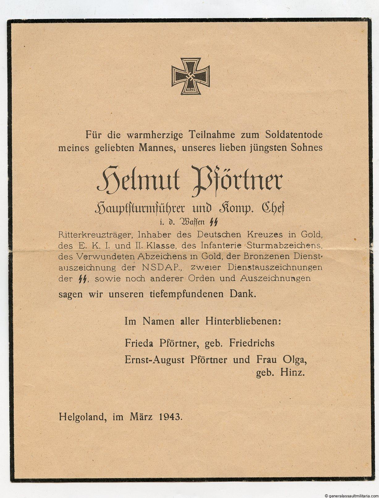 Death notice knights cross holder Helmut Pförtner