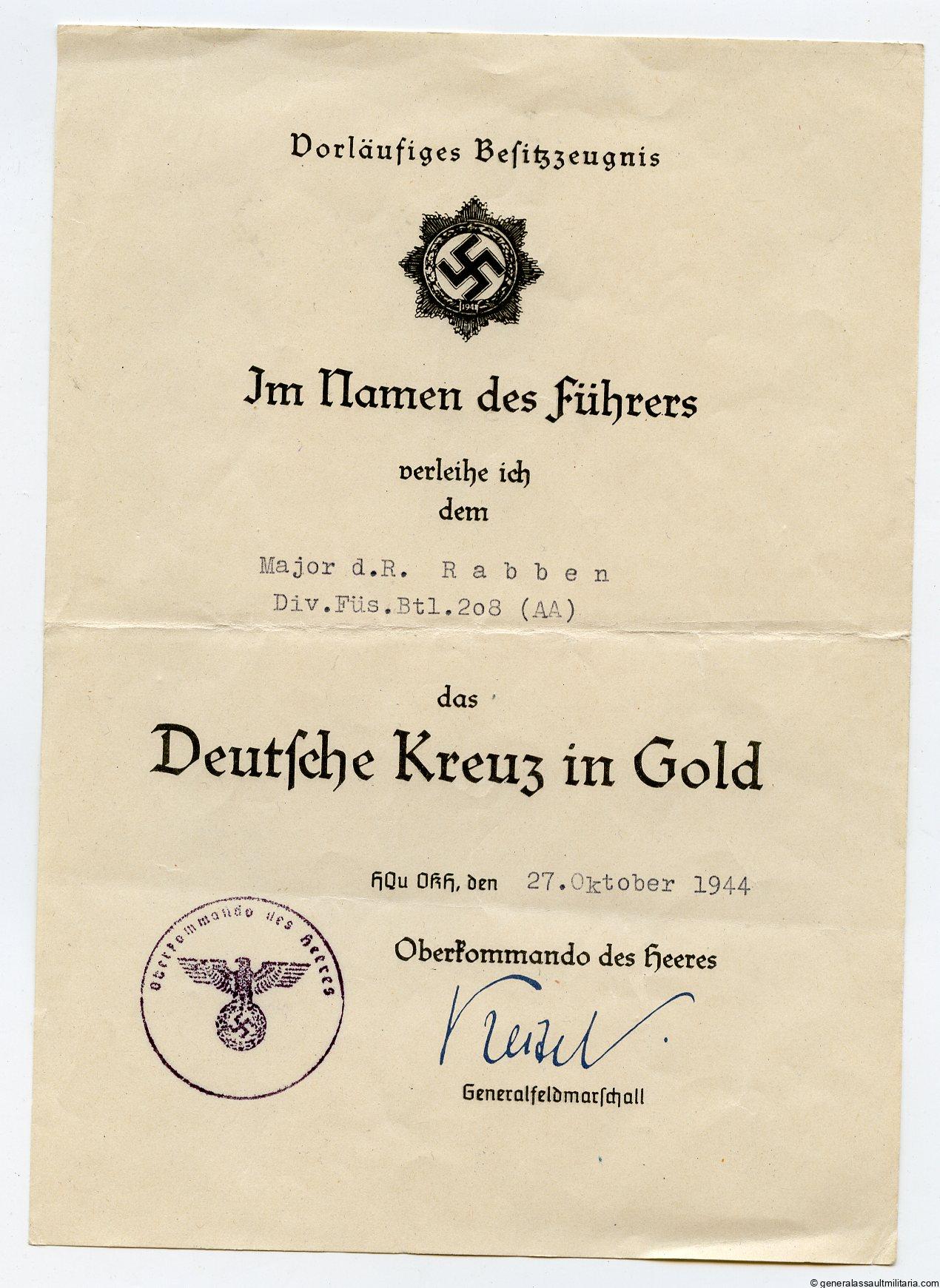 German cross in gold award certificate - Rabben, Albert (Aufklärungs-Abteilung 208)