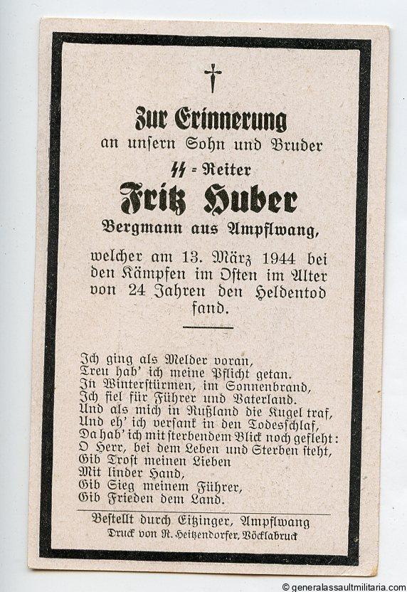 Waffen-SS Death card Frist Huber