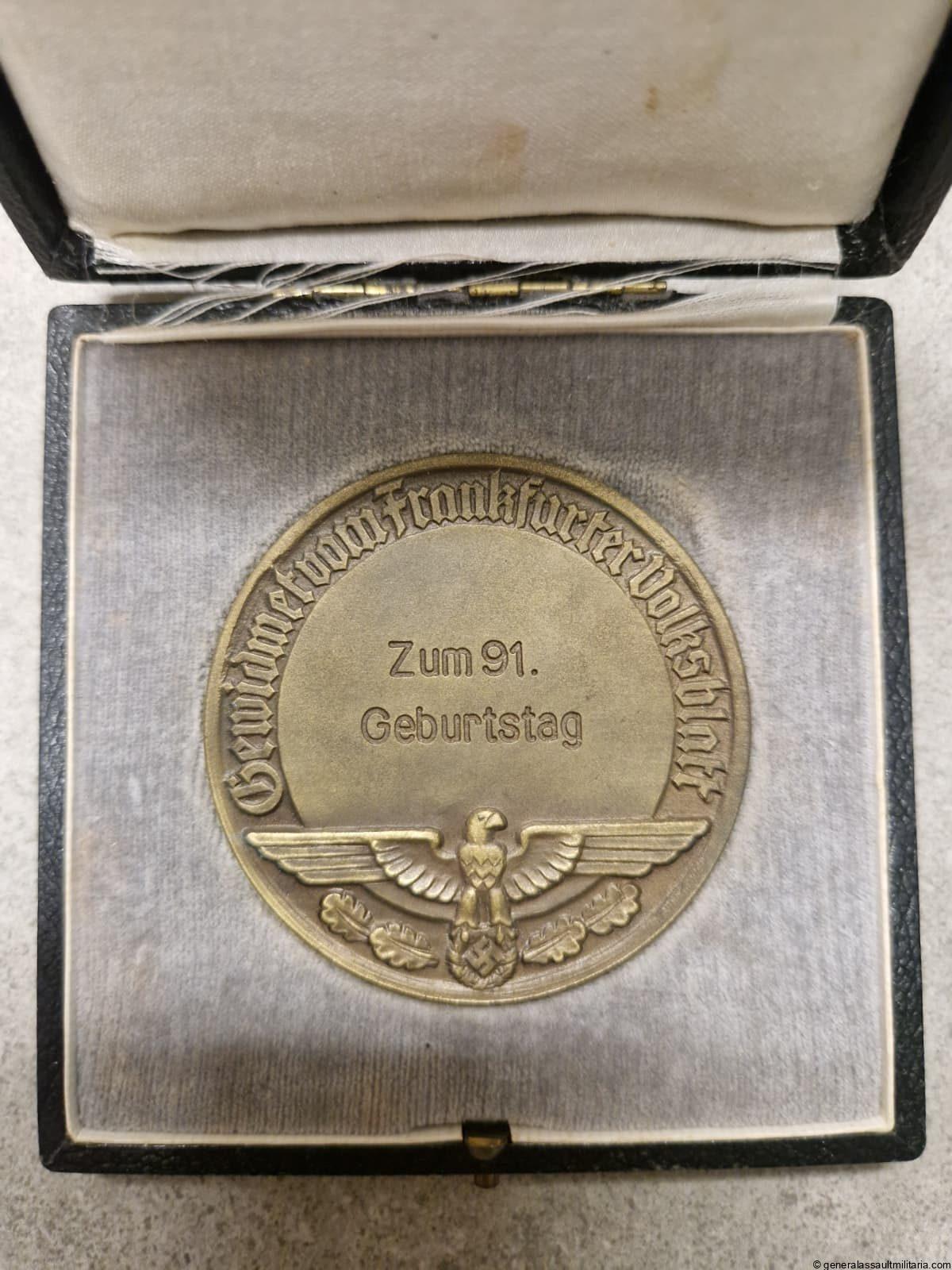 Hitler table medal for a 91st birthday