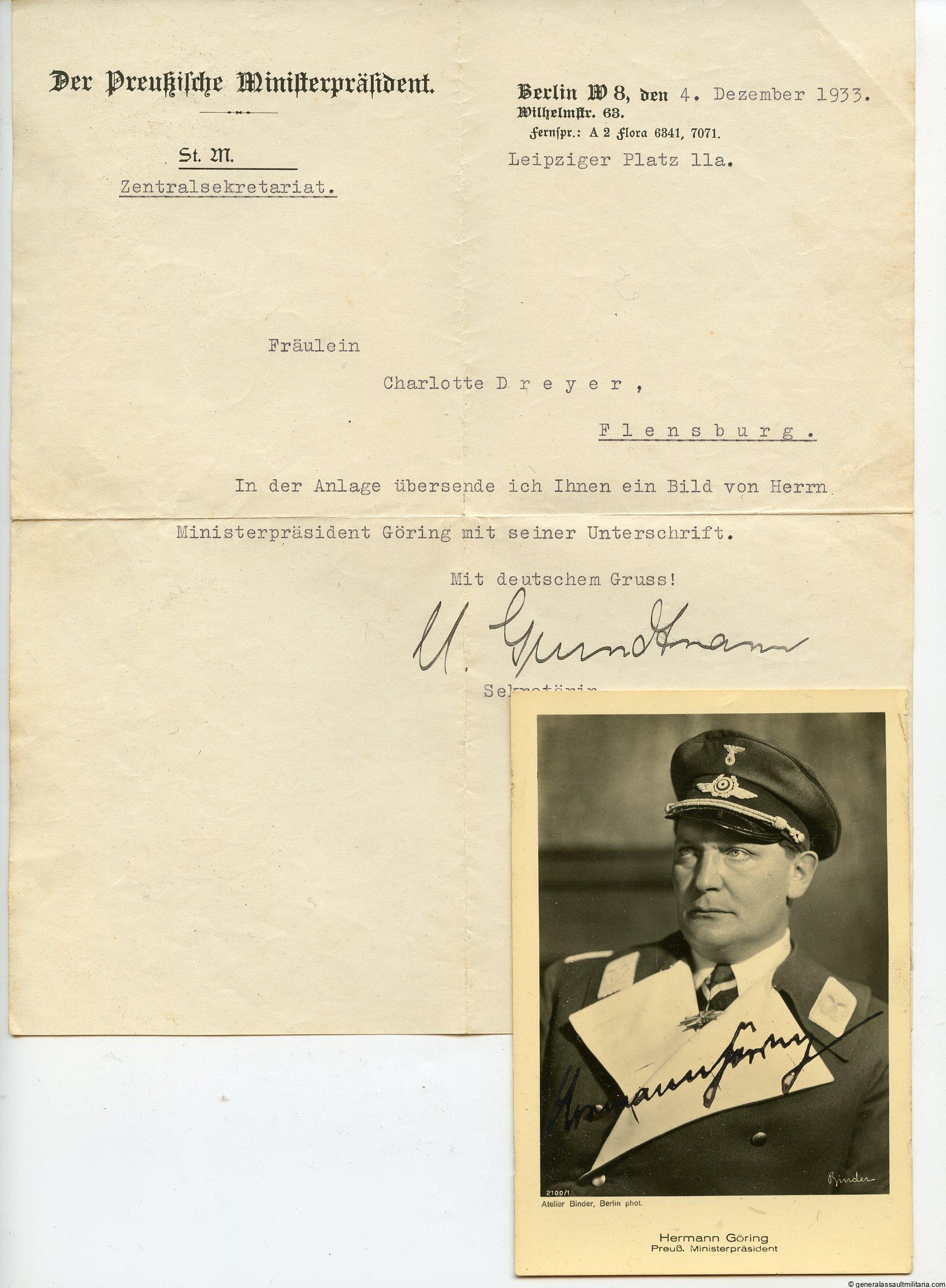 Hermann Göring postcard with 1933 signature